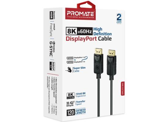 Promate DisplayPort Cable, Premium Ultra HD 8K@60Hz Video Display Cord with 32.4Gbps Bandwidth Transmission, Gold Plated Connectors, 1.2m Super Slim Cable - Black